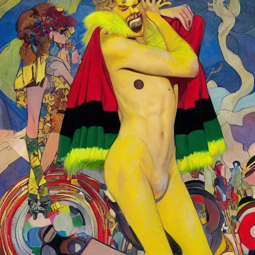 Prompt: art by joshua middleton, the creeper, a tall manically smiling yellow - skinned man with green and black striped cycling shorts and wearing a long red feather boa, mucha, kandinsky, poster, comic art, stylised design