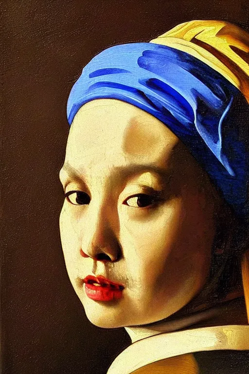 Image similar to portrait of Kim Jong-Un in the style of Girl with a Pearl Earring by Johannes Vemeer, oil painting, masterpiece, old master, grand master