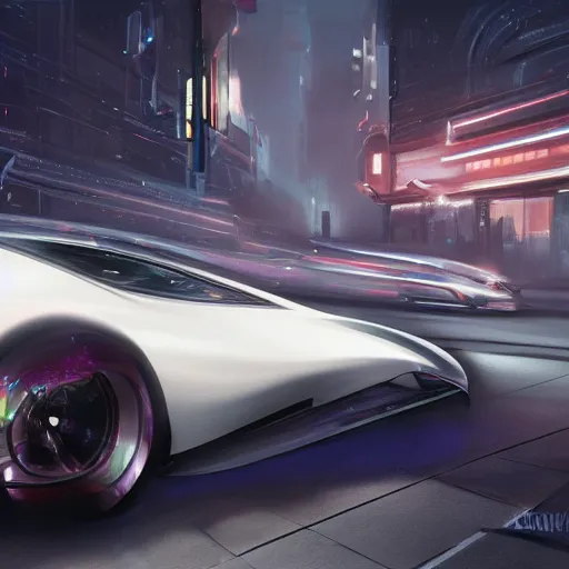 Image similar to full view of a car, painted in white holographic pearlescent, elegant, digital painting, concept art, smooth, sharp focus, art style from Wang Ke and Greg Rutkowski and Bruce Kaiser and Scott Robertson and Dmitry Mazurkevich and Doruk Erdem and Jon Sibal, small style cue from Blade Runner