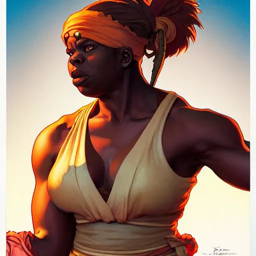 Image similar to leslie jones as dhalsim street fighter, 4 k, ultra realistic, detailed focused art by artgerm and greg rutkowski and alphonse mucha