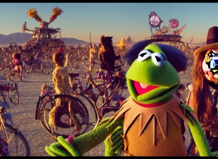 Prompt: The Muppets partying at Burning Man, cinematic