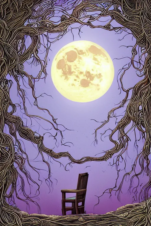 Prompt: a beautiful digital illustration painting of a detailed fantasy full moon and roots, throne chair and vines puffy clouds mystical skyby howard arkley. 8 k resolution trending on artstation concept art digital illustration