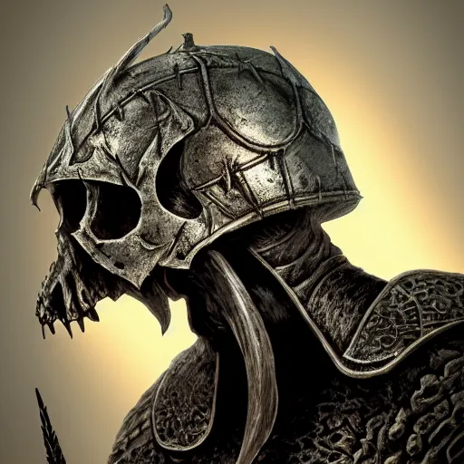 Image similar to the elder scrolls vi, dragon bone skull knight helmet, headshot, closeup, side elevation, grimdark, fantasy, trench crusade, terrifying, dark, fog, atmospheric cold lighting, dark souls, hyperrealistic, art by mike franchina