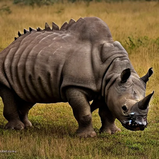 Image similar to a Rhino with the armor of a pangolin, national geographic photograph