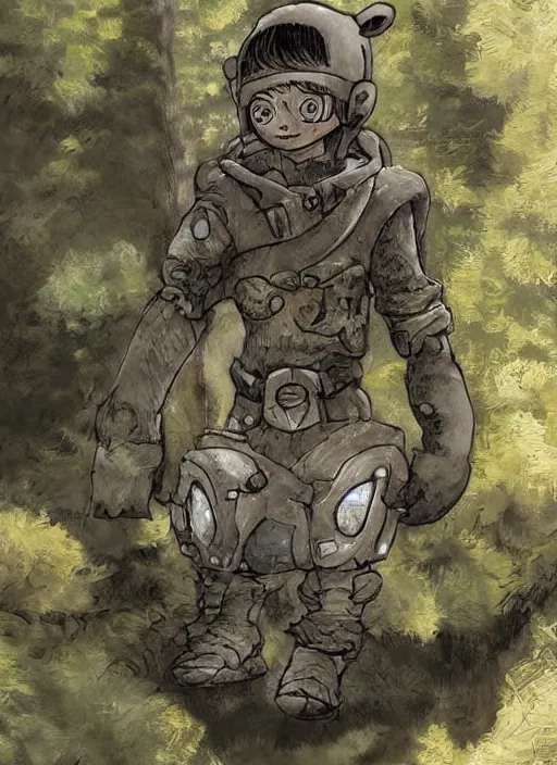 Image similar to beautiful little boy wearing an cyborg bear suit, artwork in kentaro miura and made in abyss and rosdraws, smooth, beautiful lightness, anatomically correct, trending on pixiv, forest