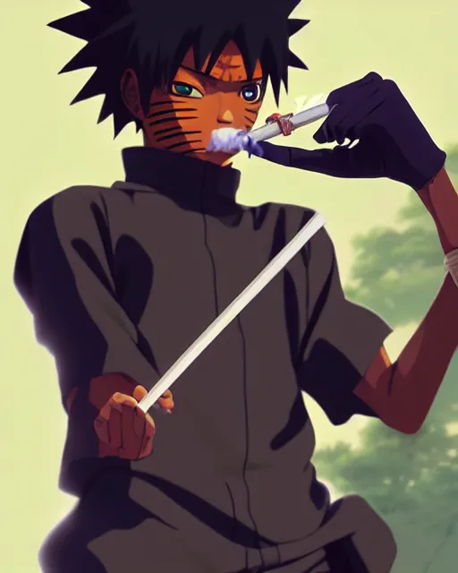 Prompt: 2 0 year old black man with short hair in naruto as a hidden leaf village ninja, smoking a joint, medium shot close up, details, sharp focus, illustration, by jordan grimmer and greg rutkowski, trending artstation, pixiv, digital art