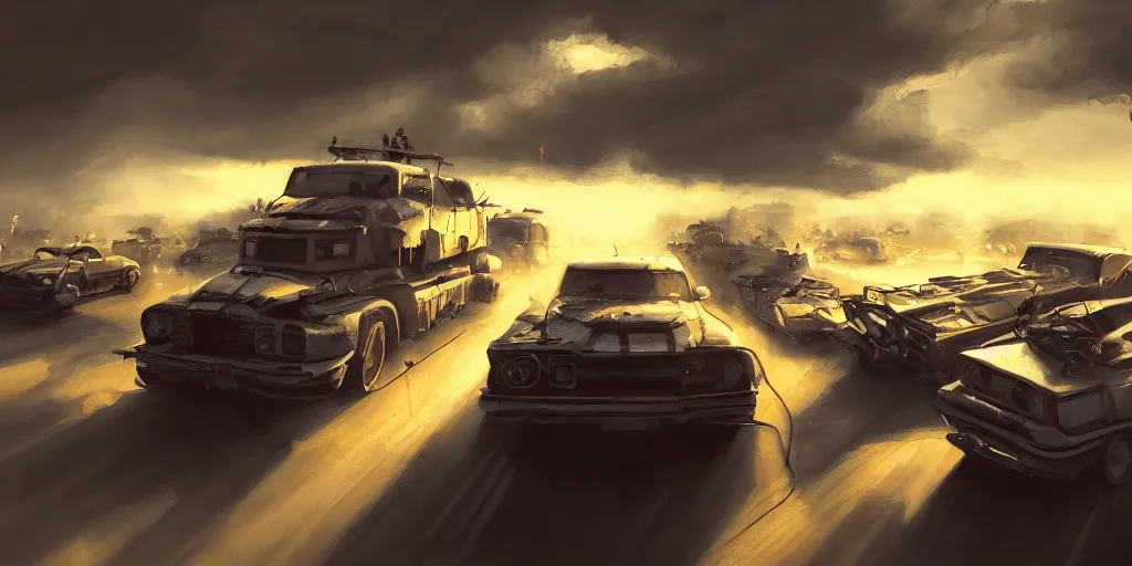 Image similar to Ignacio Bazan Lazcano painting of a vehicle battle on highway, dramatic lighting, wide angle lens, dutch angle, trending on Artstation, highly detailed