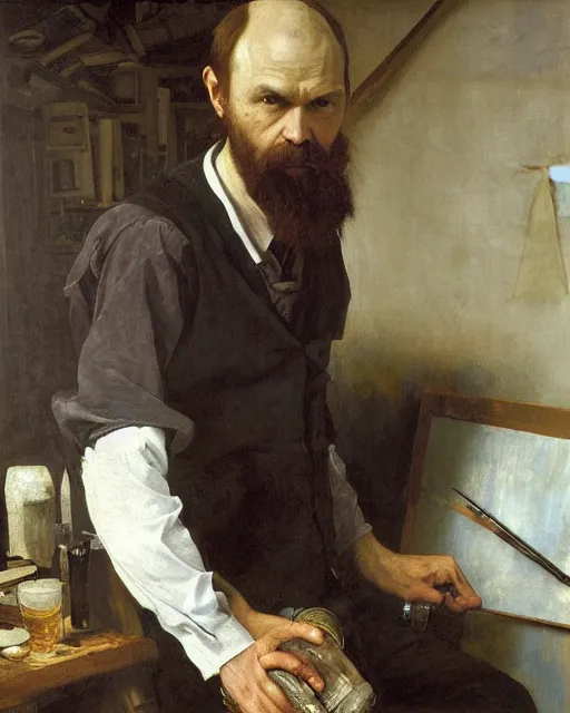 Prompt: dostoyevsky as an exhausted painter in his studio with a whiskey bottle by edgar maxence and caravaggio and michael whelan, intricate painting, hyper realistic, extremely detailed and beautiful aesthetic face, 8 k resolution