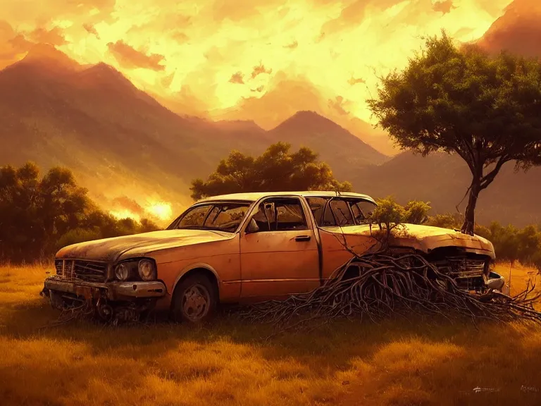 Image similar to low angle shot of tree growing inside scrap car in the foreground. overgrown. soft golden red sunset over the mountains in the background. clouds. detailed leaves. hyperrealistic, highly detailed, cinematic, beautiful, cgsociety, artstation, oil painting by greg rutkowski, by artgerm, by wlop