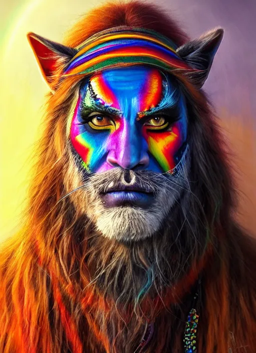 Prompt: photo of a gorgeous Beautiful face Portrait of Magic old shaman with a rainbow panther, face painting, thunders, shaman in the style of stefan kostic, wild, realistic, sharp focus, 8k high definition, insanely detailed, intricate, elegant, art by stanley lau and artgerm