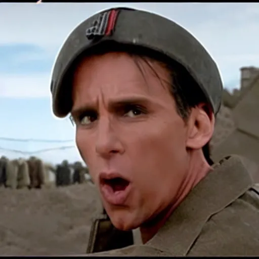 Image similar to movie still of derek zoolander in saving private ryan, using blue steel against germans