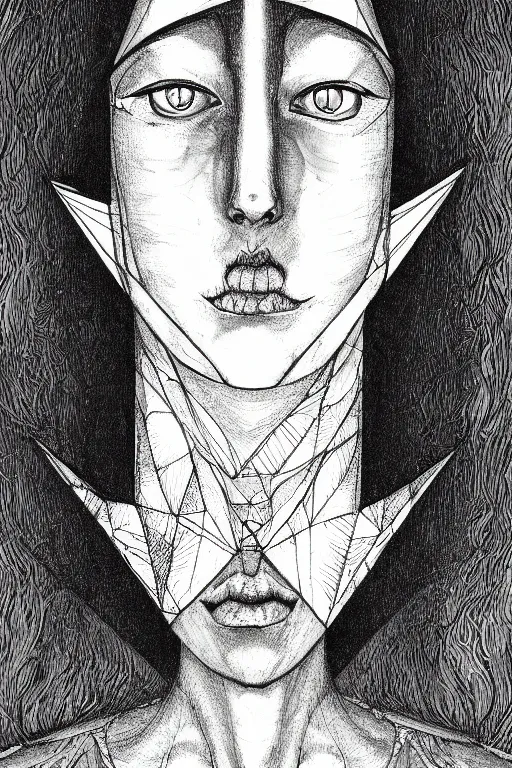 Image similar to portrait of triangular mothfolk woman head and shoulders, in the style of Greg Broadmore and junji ito and Arthur Rackham and Moebius, trending on artstation, light lighting side view,digital art,surrealism ,macro,blueprint ,vaporwave ,