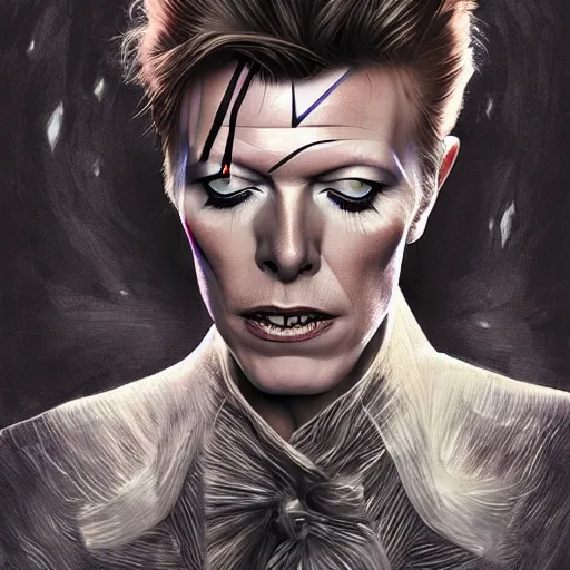 Image similar to a portrait of david bowie as a wizard, upper half portrait, urban motifs, intricate, elegant, highly detailed, digital painting, trending on artstation, concept art, smooth sharp focus, illustration, art by artgerm and greg rutkowski