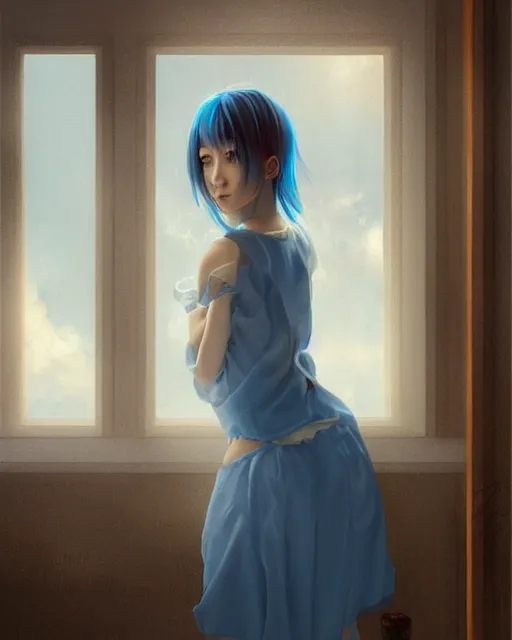 Prompt: stunningly beautiful girl blue hair, cute korean actress, dj sura, looking out a windowsill at night, sharp focus, digital painting, 8 k, concept art, art by wlop, artgerm, greg rutkowski