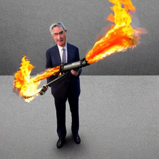 Prompt: detailed photo of Jerome Powell using a flamethrower