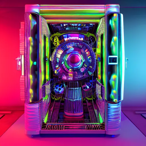 Prompt: album art, album is called tripmachine, tripmachine, photo of a huge futuristic steampunk machinery like inside a computer, 8 k, fluorescent colors, halluzinogenic, multicolored, exaggerated detailed, front shot, 3 d render, octane