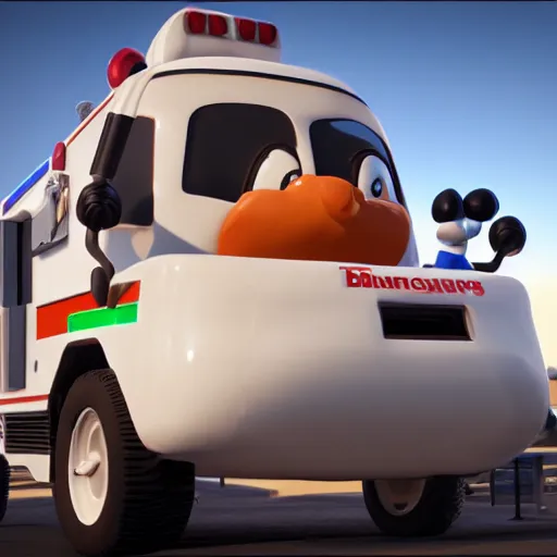 Image similar to big chungus meme, anthropomorphic ambulance shaped like big chungus, fat bugs bunny shaped ambulance, highly detailed 3 d render, unreal engine 5