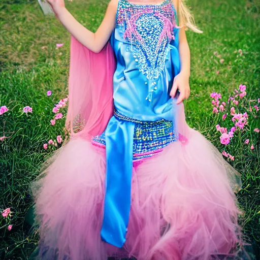 Image similar to a beautiful young princess with long blonde hair and blue eyes wearing a sleeveless elaborately beaded pink dress, high resolution film still, 8k, HDR color, film by Simon Langton and David Frankel