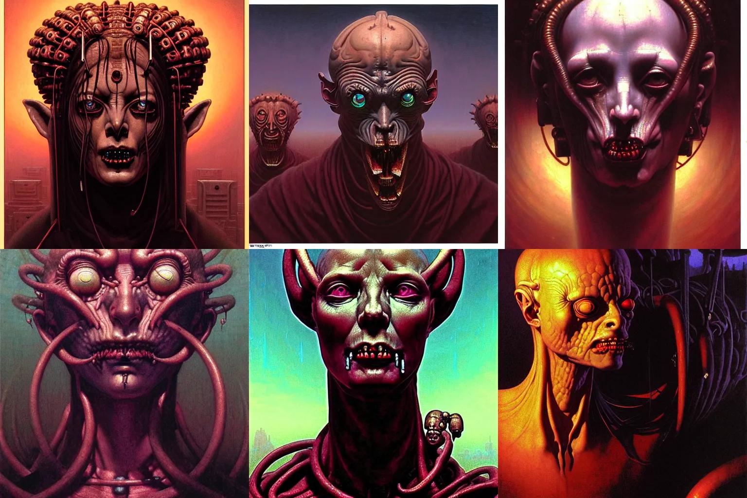 Prompt: cinematic masterpiece bust portrait of a gothic degenerate cyberpunk trader demon goddess with ten heads, head and bust only, by Wayne Barlowe, by Leonardo DaVinci, by Tim Hildebrandt, by Bruce Pennington, by Zdzisław Beksiński, by Paul Lehr, oil on canvas, masterpiece, trending on artstation, featured on pixiv, cinematic composition, astrophotography, dramatic pose, beautiful lighting, sharp, details, details, details, hyper-detailed, no frames, HD, HDR, 4K, 8K