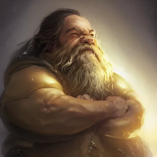 Prompt: portrait of a dwarf holding in two hands the beautiful humongous raw, unrefined gold nugget with organically sculpted lines, realistic, beautiful, fantasy art, dnd, lord of the rings, mid - shot, moody lighting, by greg rutkowski, wlop, artgerm, concept art, sharp focus, ray tracing