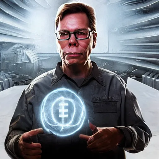 Image similar to bob lazar holding element 1 1 5 with alien, realistic artstyle, wide shot, dramatic lighting, octane render, hyperrealistic, high quality, highly detailed, hd, beautiful, cinematic, 8 k, unreal engine, facial accuracy, symmetrical