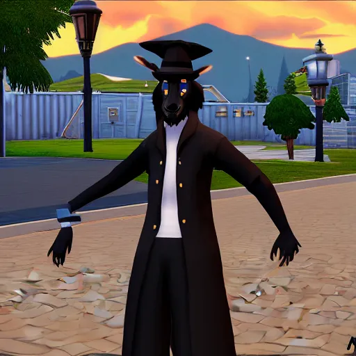 Image similar to an anthropomorphic black goat wizard in the sims 4, screenshot