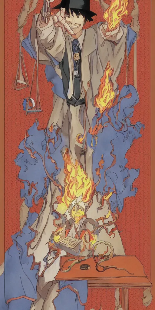 Prompt: powerful judge with a magic gavel on fire, in a court room with a justice scale on his desk, drawn by a famous anime artist Hayao Miyazaki, high quality, fine lines, amazing detail. colored, intricate ink painting, the justice tarot card , psychedelia,