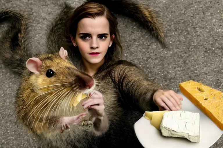 Image similar to selfie, emma watson as anthropomorphic furry - rat, she is rat, cats around, eating cheese, highly detailed, intricate details