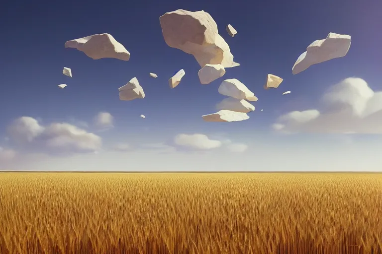 Image similar to rocks floating mid-air over a wheat field, hard light and long shadows, afternoon sunshine, detailed digital art by artgerm and WLOP, Greg Rutkowski, Felix Kelly, hyperrealistic, octane render, Refined, Detailed Digital Art, dynamic lighting, Highly Detailed, Cinematic Lighting, Unreal Engine, 8k, HD