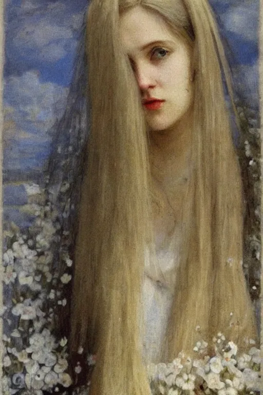 Prompt: close - up fashion icelandic woman portrait airy flowers sacura cloudy sky art by vasnetsov