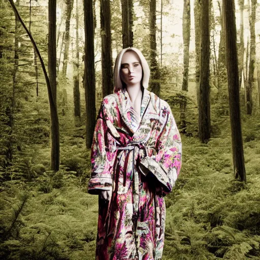 Prompt: a woman with a thistle robe made of thistle in a forest, vogue magazine