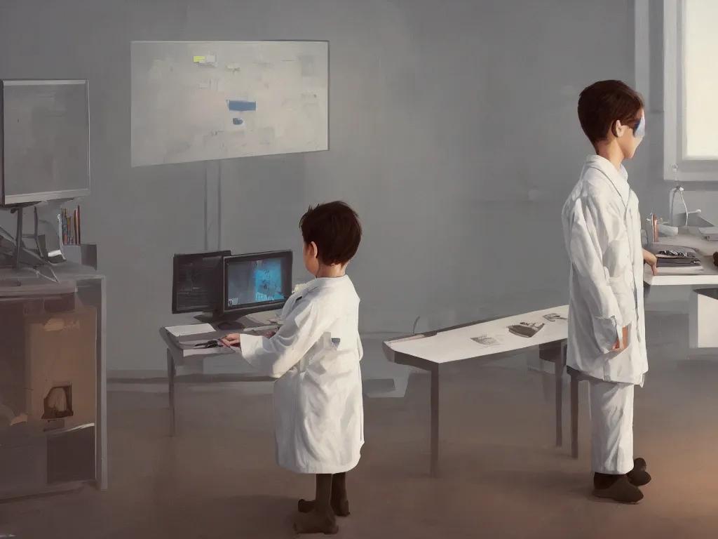 Image similar to a portrait of single smart child in a white coat in front of a computer and screens in a painting from stalenhag, 4 k, 8 k, hdr, artstation