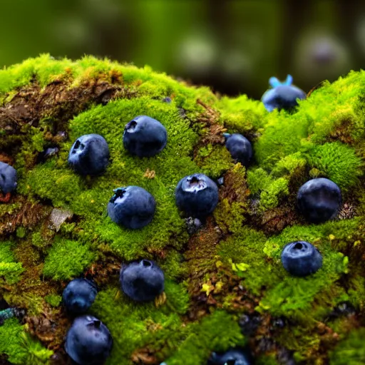 Prompt: closeup of a blueberry bush in a mossy nordic forest. Digital art. 4K. Artistic. Trending on artstation.