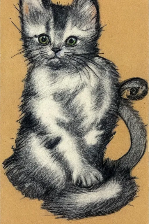 Prompt: 8K UHD cute kitten with floppy ears, drawing by Henry de Toulouse Lautrec, very detailed, matte, tone mapped