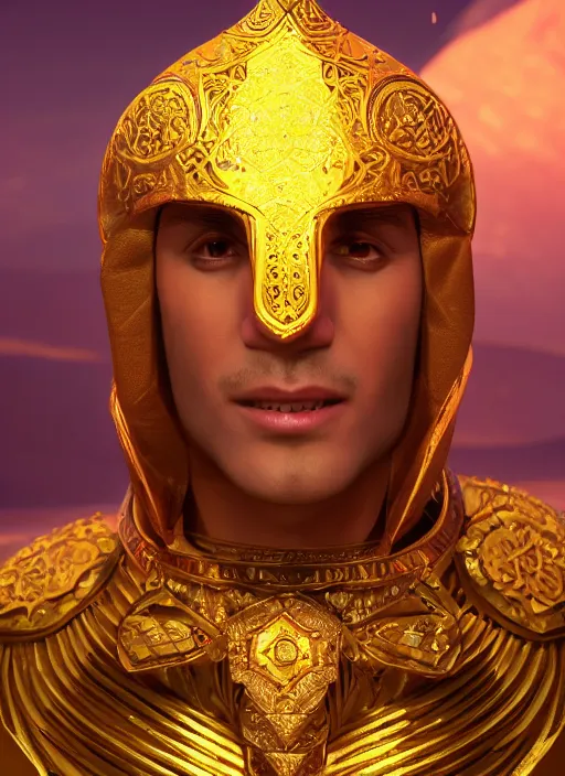 Image similar to portrait of sheikh ruler of dubai, djinn, head and torso only, cinematic lighting, studio quality, smooth render, unreal engine 5 rendered, octane rendered, art style by klimt and nixeu and ian sprigger and wlop and krenz cushart.