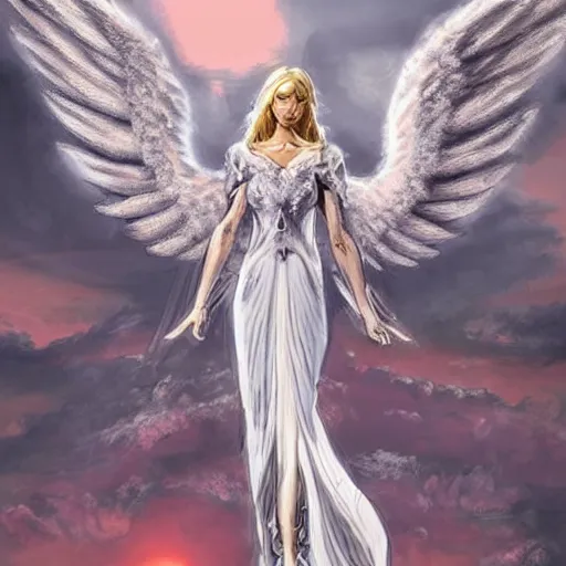 Prompt: infinitely detailed concept art of angel!! elegantly clothed imposing it's majestic aura, spreading it's gloriously detailed wings, relying on a white dragon, infinitely detailed, library dream world outdoors and sunset library scenery art concept, dream magical, dream scenery art, dream lighting, full - body majestic angel