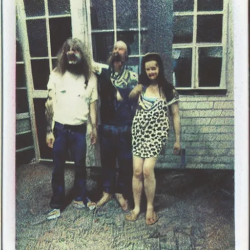 Image similar to a found polaroid photo of hippie trash humpers in the backrooms