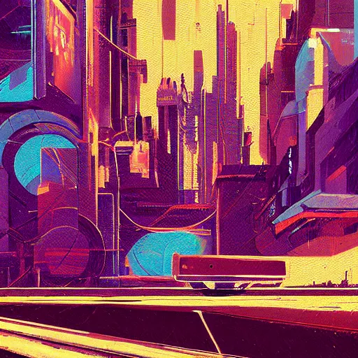 Prompt: a graph style gauche impasto, sad, steampunk, cyberpunk art by james gilleard, city depth of field, cgsociety, retrofuturism, synthwave, retrowave, outrun, paint, high detail.