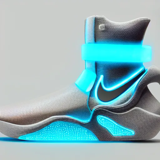 Image similar to nike mags, glow, neon, centered, designed by sawoozer, ultra detailed, artstation, akitipe studios, octane render 8 k, vray render 4 k, realistic