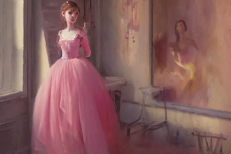 Prompt: A girl in a pink dress in a Gothic atelier, oil painting, detailed, colorful, glowing lighting, 4k, depth of field, in the style of Yanjung Chen and Tom Bagshaw,