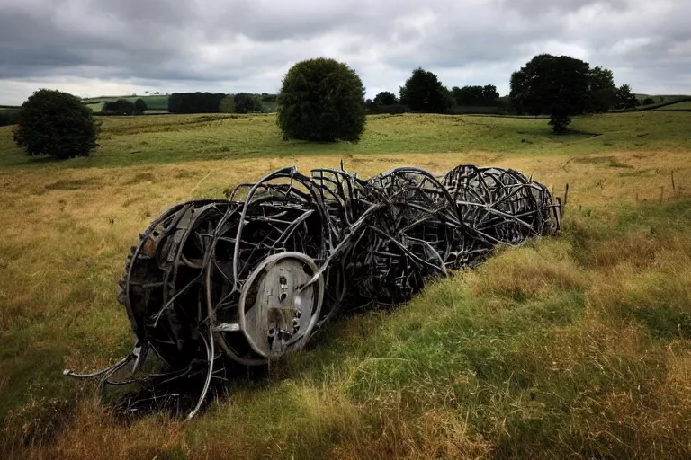 Image similar to beautiful english countryside, a ginormous destroyed streampunk machine lies broken in a field, many people, fire and oil