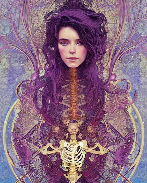 Image similar to glitch art bionic skeleton, vaporwave, highly detailed, very intricate, art nouveau, gold filigree, romantic storybook fantasy, soft cinematic lighting, award - winning, disney concept art watercolor illustration by mandy jurgens and alphonse mucha and alena aenami, pastel color palette, featured on artstation