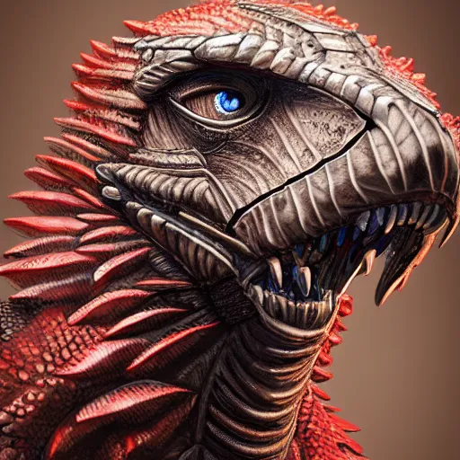 Image similar to 8k ultra realistic Illustration of a complete raptor with shining red eyes, detailed intricate ornate armour, decaing, cybernetic body, full of colour, cinematic lighting, battered, trending on artstation, 4k, hyperrealistic, focused, extreme details, unreal engine 5, cinematic, masterpiece