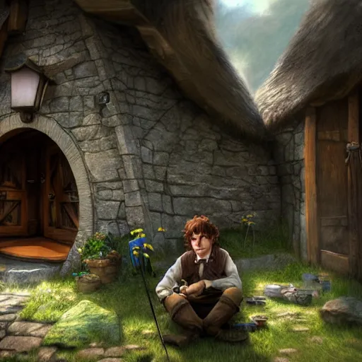 Image similar to bilbo baggins sitting down inside bag end highly detailed, digital painting, concept art, sharp focus, by makoto shinkai