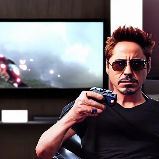 Image similar to robert downey jr. playing a game on his playstation 5 during a stormy night, photorealistic, cinematic lighting, highly detailed