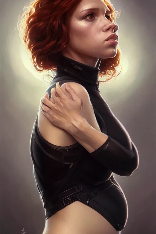 Image similar to pregnant black widow, realistic portrait, symmetrical, highly detailed, digital painting, artstation, concept art, smooth, sharp focus, illustration, cinematic lighting, art by artgerm and greg rutkowski and alphonse mucha