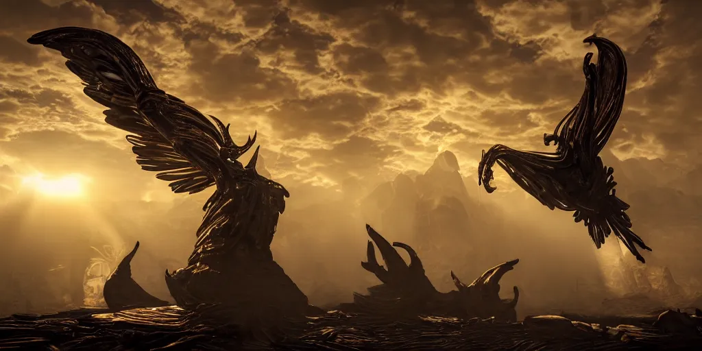 Image similar to bird wings, gold ram horns, copper goat skulls, grand imposing powerful sculpture. swirls of mist. sunrise, intense light beams, lens flare. occult photorealism, uhd, amazing depth, volumetric lighting, cinematic lighting. epic landscape.