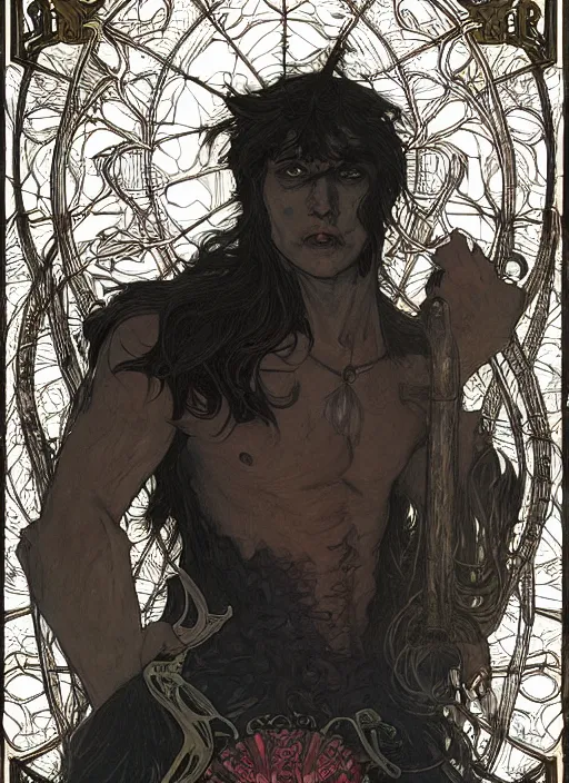 Prompt: portrait of random werewolf card with job name, dark and white, behance hd artstation, by moebius, alphonse mucha, ayami kojima, amano, greg hildebrandt, and mark brooks, masculine, male, art nouveau, neo - gothic, gothic, character concept design, dynamic light, stylised illustration, disco elysium