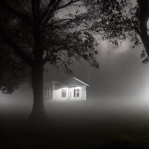 Image similar to poor neighborhood, overgrown, photo taken from a porch, fog rolling along the ground, ethereal, police lights shining off camera