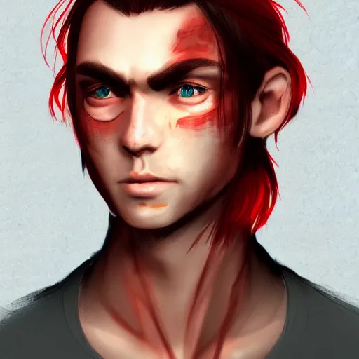 Prompt: portrait, 30 years old man :: burned face :: red hair ponytail :: high detail, digital art, RPG, concept art, illustration, Deviantart